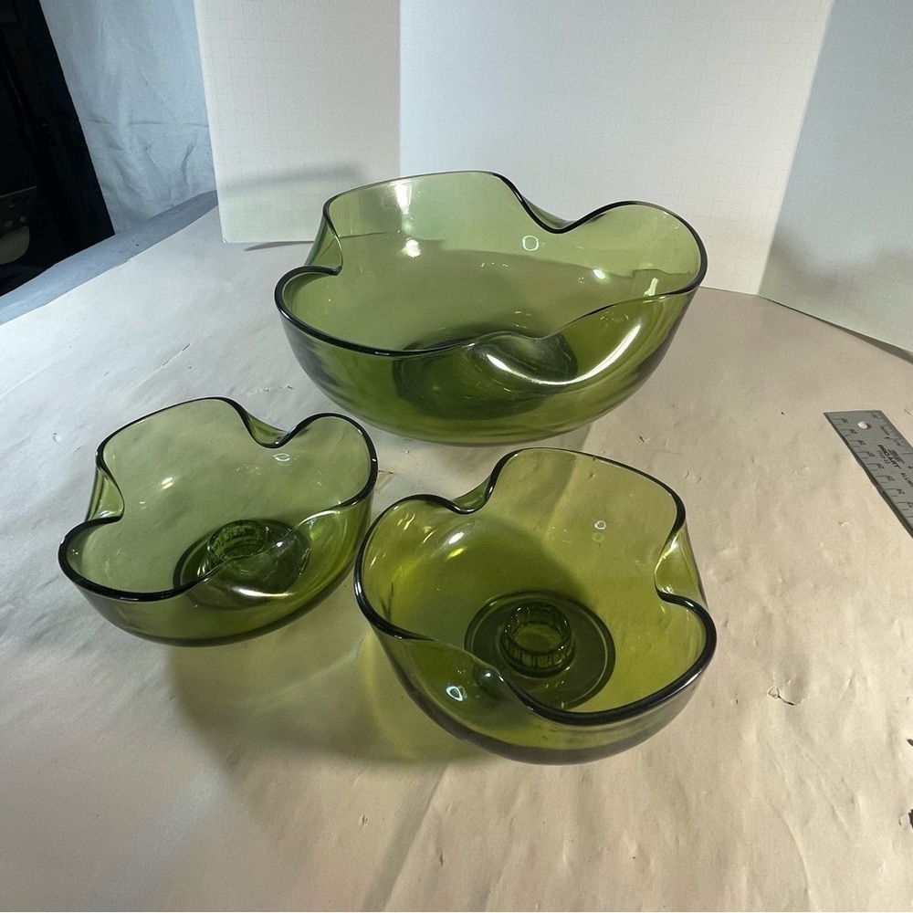 Vintage Avocado Green Pinched rolled Glass Bowl And two Candlestick Holders 70s